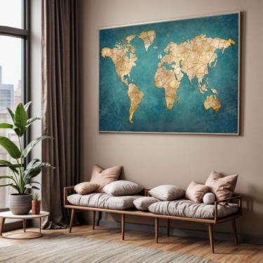 Imagem de Quadro com Moldura Sala Quarto Mapa Mundi Verde Decorativo Horizontal 