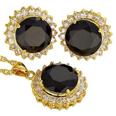 Imagem de [RIZILIA BLOSSOM] Conjunto de pingente de joias com corrente de 45,72 cm e brincos de corte redondo CZ [5 cores disponíveis] banhado a ouro amarelo, simples moderno elegante, Pedra preciosa Metal, Ônix simulado