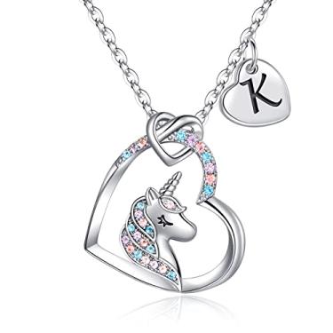 Imagem de Colar de presente de unicórnios para meninas, ouro 14 quilates, banhado a ouro branco, banhado a ouro rosa, pingente de coração, zircônia colorida, colar de unicórnio, para meninas, mulheres, letra inicial, unicórnios, presentes para meninas, joias, Metal, Zircônia cúbica