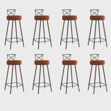 Imagem de Kit 08 Banqueta Alta Com Encosto Tânia Eiffel Cozinha Bar Bistrô Ferro Marrom Sintético Laranja - Ahz Móveis