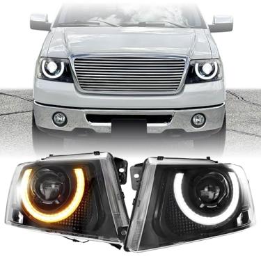 Imagem de Conjunto de 2 peças de lâmpadas dianteiras USR 04-08 P221 (esquerda + direita) compatível com caminhonete Ford F150 2004-2008 (projetor preto farol LED completo com seta em forma de U e refletor DRL