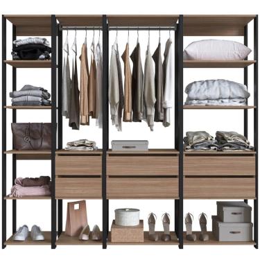 Imagem de Guarda Roupa Closet 4 Peças Cabideiro Gaveta Preto e Montana Módulos Multiuso Easy Prodecor