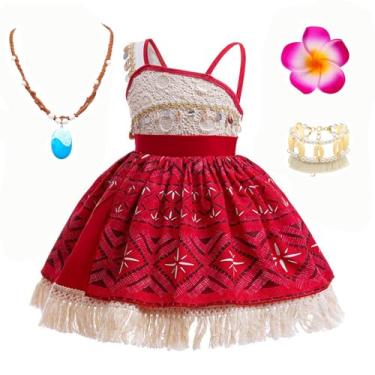 Imagem de e-super Moana Princess Dress for Girls Halloween Cosplay Costume with Wig Kids Two-Pieces Crop Top Tassel Skirt for Summer (NN45, 110)