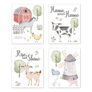 Imagem de Sweet Jojo Designs Animais de fazenda Impressões de arte de parede Decoração de quarto para bebês, berçário e crianças - Conjunto de 4 - Aquarela Casa de fazenda Cavalo Vaca Porco de ovelha Casa doce