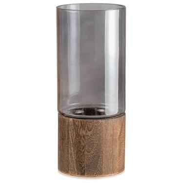 Imagem de MOLIMAO Vaso de vidro artístico com base de madeira, perfeito para flores, adequado para lareira, quarto, cozinha e mesa de escritório como uma peça central boho rústica