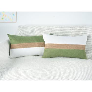 Imagem de Pacote com 2 capas de almofada texturizadas de corda de juta verde claro, 30,5 x 50,8 cm, capas de almofada decorativas neutras para sofá, cama e sala de estar, decoração estética de casa de fazenda