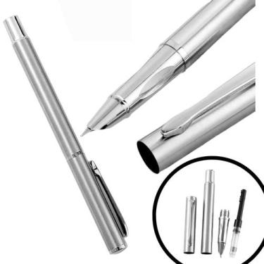 Imagem de Caneta prata pena tinteiro presente luxo extra fina 0,38mm - GEOBER
