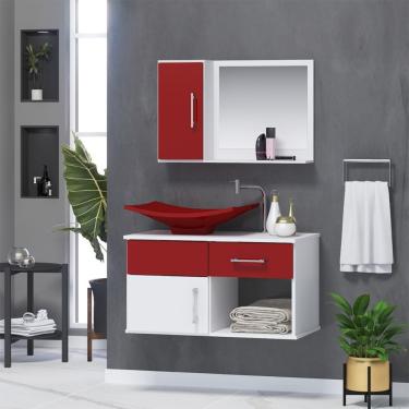 Imagem de Gabinete De Banheiro Inferior E Superior New Stilo 2 Portas 1 Gaveta Cor Vinho - Com Cuba Vinho - Vermelho