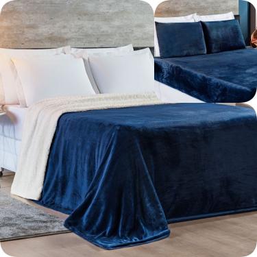 Imagem de Kit Casal 4 Peças Cobertor Sherpa New Alaska + Jogo Lençol Soft - Marinho