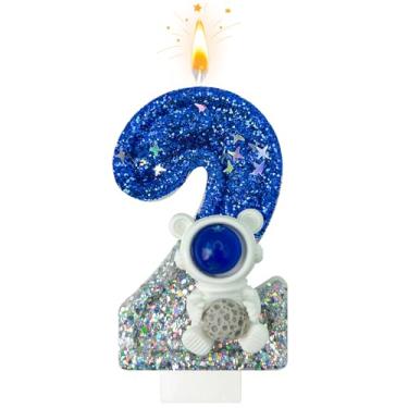 Imagem de HXOUSE Vela astronauta de primeiro aniversário – Espacial Universe Sparkler 1 vela para bolo de aniversário menino, topo para decorações de festa, comemorações de aniversário (número 2)