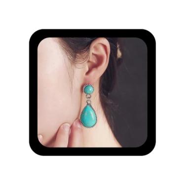 Imagem de Ximdble Brincos vintage turquesa oval com pingente de pedra azul, tribal, retrô, turquesa, joia de gota para mulheres