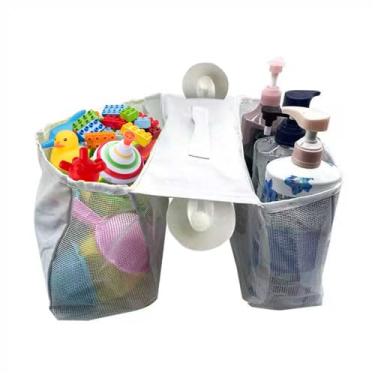 Imagem de ishenkea Organizador de brinquedos de banho com 2 compartimentos em forma de sela, armazenamento de brinquedos 2 em 1 com ventosa, armazenamento de brinquedos de banho com alça