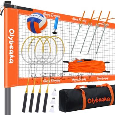 Imagem de Olybeaka Conjunto De Badminton E Vôlei 32 Pés Com Rede, Design Anti-Flacidez, 4 Raquetes, 3 Birdies Pu Para Gramado Praia No Quintal (Laranja Brilhante)