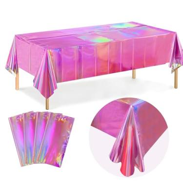 Imagem de JINSUI Toalhas de mesa rosa iridescentes para festas, pacote com 4, toalhas de mesa de plástico de 137 x 274 cm, descartáveis para discoteca de aniversário, capas de mesa retangulares holográficas