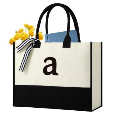 Imagem de Sacolas personalizadas com inicial de lona, monograma bordado com alça de couro, presente adequado para mãe, casamento, praia(a)