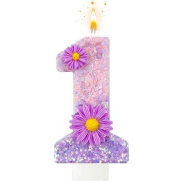 Imagem de Velas de aniversário de flores roxas, velas de aniversário número 1 para bolo, adequadas para festas de aniversário de desenho animado, decoração de bolos, aniversário de casamento e outros