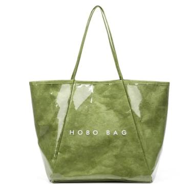 Imagem de Bolsa grande de PVC para mulheres, bolsa de ombro de papel kraft, letras impressas, Hobo, bolsa para trabalho, viagem, praia, Verde