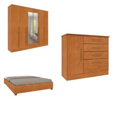 Imagem de Conjunto Guarda Roupa Casal Com Puxador Mdf Portugal Com Espelho, Cama
