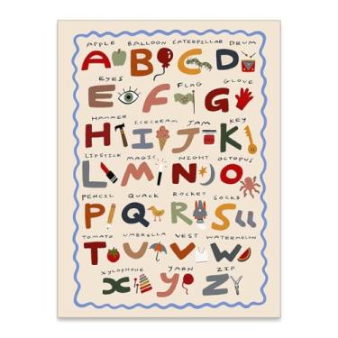 Imagem de WOFUPMY Pôster de arte de parede infantil educacional ABC colorido alfabeto minimalista infantil aprendizagem em tela para berçário sala de aula decoração de parede 30,5 x 40,6 cm sem moldura