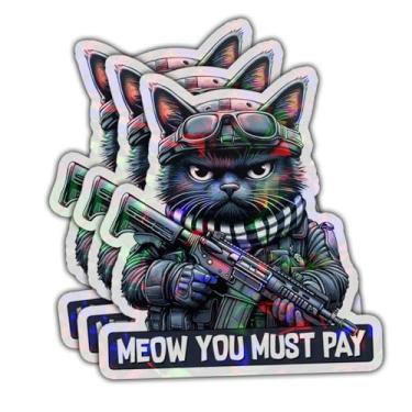 Imagem de 3 adesivos Meow You Must Pay, adesivos táticos para gatos, adesivo holograma de gato militar cortado à prova d'água para laptop, garrafa de água, janela, capacete de telefone 7,6 cm x 7,6 cm