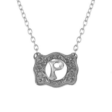 Imagem de SENFAI Colar com fivela de cinto, estilo ocidental, pingente de letra inicial, design decorativo com fivela de cinto, Small, Latão, Sem Pedra Preciosa