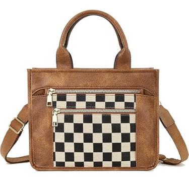 Imagem de hibear Bolsa transversal quadriculada para mulheres, bolsa de trabalho de lona, bolsa quadriculada, preta e branca, com alça superior 2025, Marrom A, Despojado