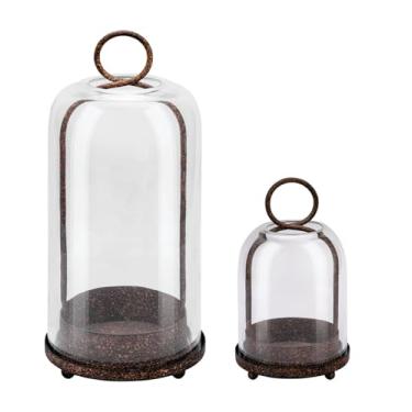 Imagem de Castiçal de metal versátil de 12,7 cm e 10 cm de largura em marrom rústico com tampa de cúpula de vidro grossa e resistente feita à mão para velas e plantas, casa de fazenda, estilo chique gasto (2