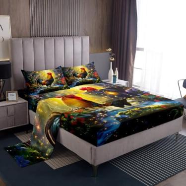 Imagem de Castle Fairy Jogo de lençol casal de galo para meninos e meninas, aquarela, galinha, fazenda, animal, vermelho, floral, verde, planta, natureza, 1 lençol com elástico e 1 lençol de cima, 2 fronhas