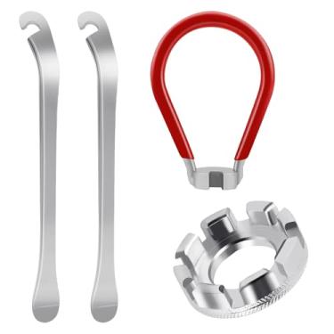 Imagem de GAQWOK Chave de raio de bicicleta de 4 peças - Ferramenta de bicicleta de aço forjado para ajuste de tensão da roda, inclui caixa de armazenamento - compatível com chave de pedal de bicicleta e kit de