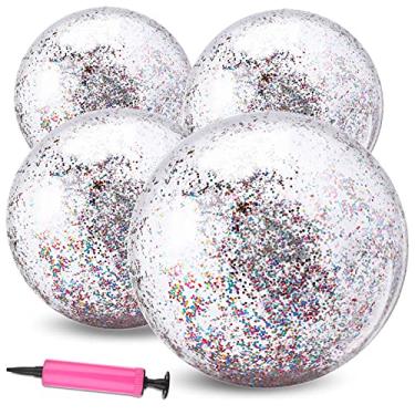 Imagem de Pacote com 4 bolas de praia com glitter de 61 cm, bolas de praia infláveis de confetes esportivos, bolas de praia flutuantes de 40,6 cm, bolas de praia flutuantes de lantejoulas, bolas de piscina