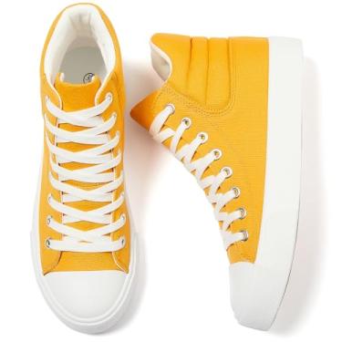 Imagem de POVOGER Tênis de cano alto feminino, branco, cano alto, lona, preto, moderno, casual, cadarço, Amarelo, 40