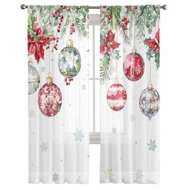 Imagem de Cortinas transparentes de Natal de 182 cm de comprimento para sala de estar, ramo de pinheiro, poinsétia, floco de neve, filtragem de luz, semi cortina, cortinas para decoração de quarto, 2 painéis