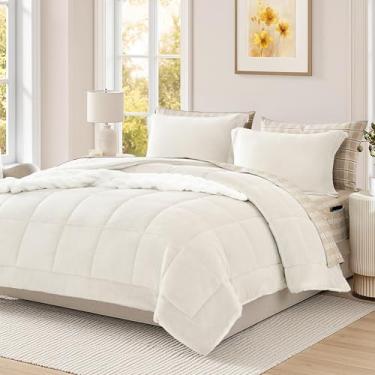Imagem de AMBERSPACE Conjunto de edredom Queen de pelúcia, branco creme, veludo de flanela, 7 peças, cama em uma bolsa, macio e quente para o inverno, com lençóis, fronhas e fronhas
