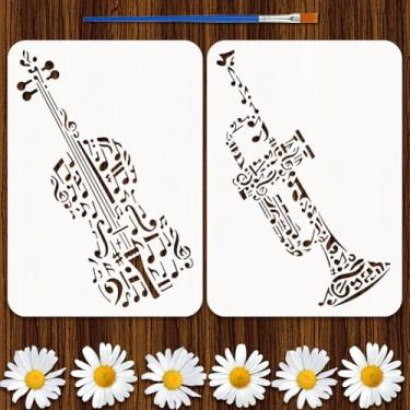 Imagem de FINGERINSPIRE 2 peças de estêncil de pintura de instrumentos musicais com pincel de plástico 21 x 29,7 cm, modelo reutilizável de desenho de notas musicais, estêncil de trompete de violino, modelo de