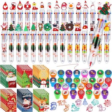 Imagem de Aodaer 90 peças 10 em 1 carimbos de caneta esferográfica de Natal mini kit de cadernos espirais, canetas esferográficas retráteis multicoloridas para carimbos de Natal blocos de notas para presente de Natal, estudantes, professores, lembrancinhas de festa