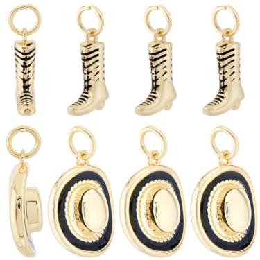 Imagem de Beebeecraft 1 caixa de 8 peças, 2 estilos de botas de caubói e pingentes de chapéu banhado a ouro 18 K latão preto ocidental com anel de salto para fazer joias, colar, pulseiras, brincos, pingentes