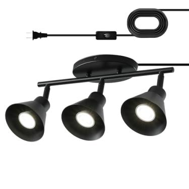 Imagem de vivihobb Kit de iluminação de trilho de plugue de 3 luzes pretas, luminária de teto moderna, cabo de 4,5 m, interruptor liga/desliga, iluminação de ponto de teto de 4 vias, cabeça de luz giratória