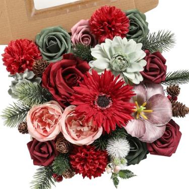 Imagem de YYHUAWU Conjunto de caixa de flores artificiais de Natal, folhas falsas com hastes para enfeites de árvore faça você mesmo, guirlanda de Natal, arranjos florais de centro de mesa