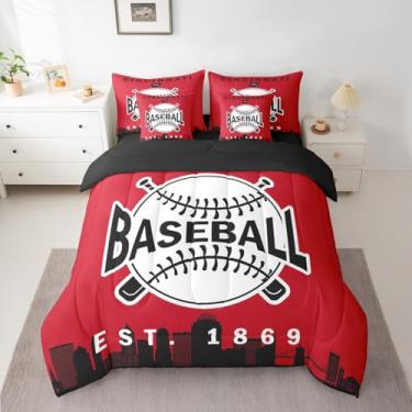 Imagem de Jogo de cama king size de beisebol, 7 peças, jogo de cama em uma bolsa para crianças, meninos, adolescentes e adultos, conjunto de edredom com silhueta de cidade americana, vermelho e preto