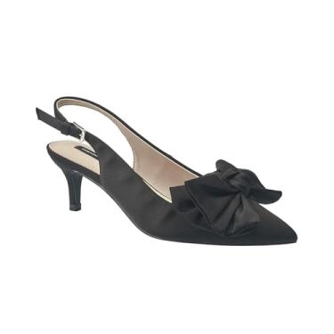 Imagem de French Connection Sapato feminino Quinn com laço de cetim – Sapato social sem cadarço com salto gatinho de 2,5 cm com fivela ajustável, palmilha confortável, Preto, 38