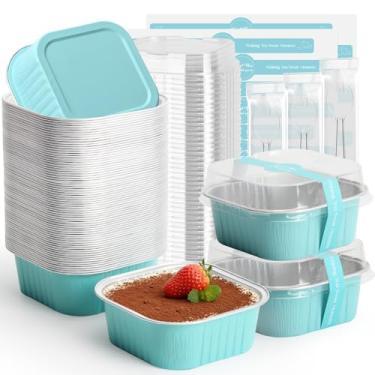 Imagem de Ruckae Mini formas quadradas de 293 ml, 100 peças, com tampas, recipientes de sobremesa descartáveis, mini formas de bolo com tampas, copos de sobremesa de alumínio para festas e casamentos (azul