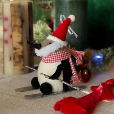 Imagem de Conjunto de 2 enfeites de Natal de pinguim de esqui - Pinguins pretos e brancos de feltro de lã com chapéu vermelho e cachecol - para decorações de árvore de Natal - Decoração de Natal feita à mão