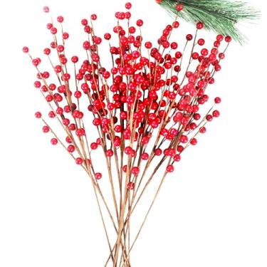 Imagem de 12 peças de caules de bagas vermelhas, 43 cm artificial borgonha vermelho azevinho picaretas de galhos para enfeites de árvore de Natal, decoração de férias de inverno