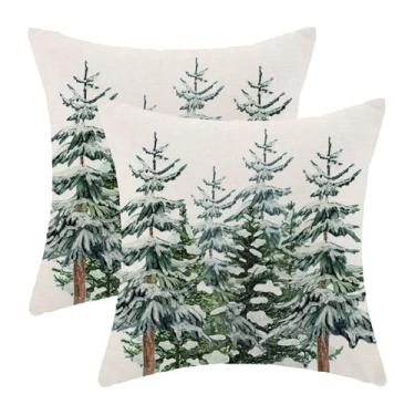 Imagem de Jecuwo Conjunto de 2 capas de almofada de Natal 50 x 50 cm, decoração de árvore de Natal em aquarela, capa de almofada decorativa para área externa, casa de fazenda, para sofá, sala de estar