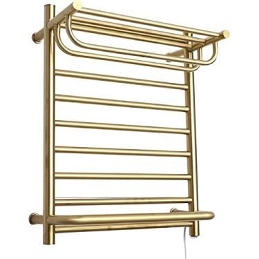 Imagem de Toalheiro elétrico aquecido com prateleira, toalheiro de termostato aço inoxidável 304 dourado para montagem na parede, radiador com eficiência energética (com fio)