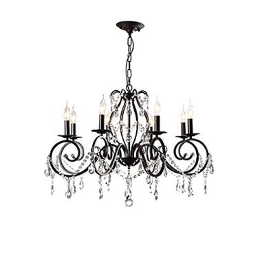 Imagem de BUUQSGKV Luz pendente de ferro vela country retro pastoral luz de teto apartamento sala de estar quarto restaurante sala de jantar preto, lustre de cristal estilo europeu - preto 10 luzes