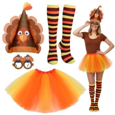 Imagem de Chicingyou Conjunto de 4 peças de fantasia de peru de Ação de Graças para mulheres, chapéu de feltro, tutus, meias até o joelho, óculos de sol para cosplay, Preto e laranja, One Size