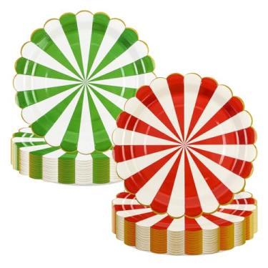 Imagem de EVYIENEN 60 peças de pratos de papel de doces de Natal, 18 cm, vermelho, branco e verde, listrado, descartáveis, pratos de bolo de sobremesa, utensílios de jantar para decoração de Natal, Ano Novo
