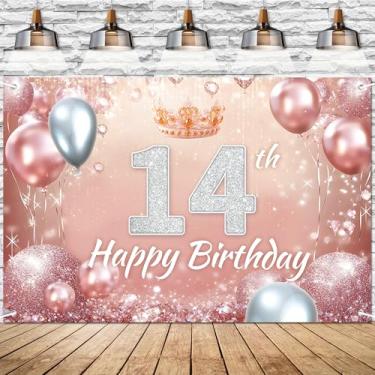 Imagem de Faixa rosa rosa feliz aniversário 14 anos pano de fundo diamante glitter tema decoração de fundo para meninas princesa festa de aniversário decorações suprimentos 183 x 109 cm BECKTEN