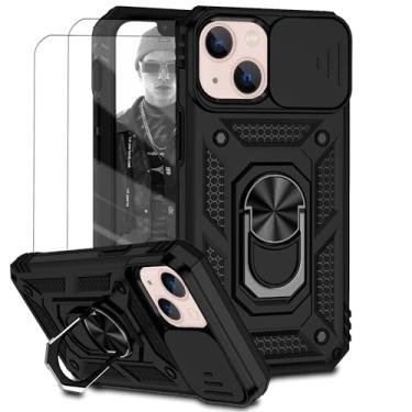 Imagem de Capa para iPhone 13 Capinha | com 2 peças de protetor de tela temperado com janela deslizante da câmera e suporte para telefone incluídos - Preto